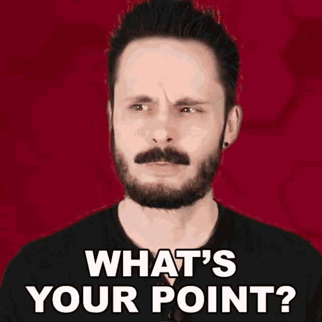 a man with a beard and mustache says " what 's your point "