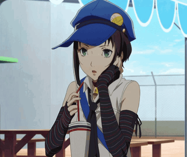 a girl in a police hat is holding a drink