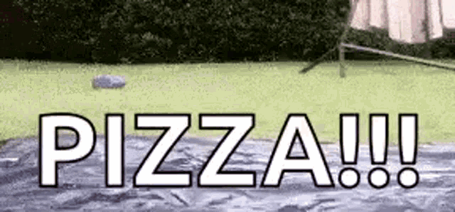 a lawn mower is laying on a blanket in a field with the words pizza !!! written on it .