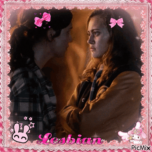 a picture of two women looking at each other with the word lesbian on the bottom