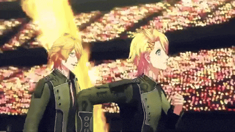 a couple of anime characters standing next to each other with one of them wearing a jacket that says ' 00 ' on it