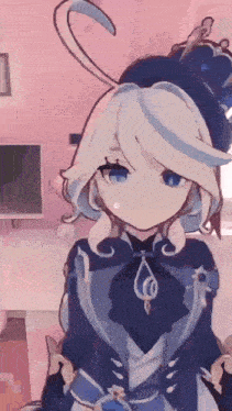 a cartoon girl with white hair and blue eyes is standing in a room .