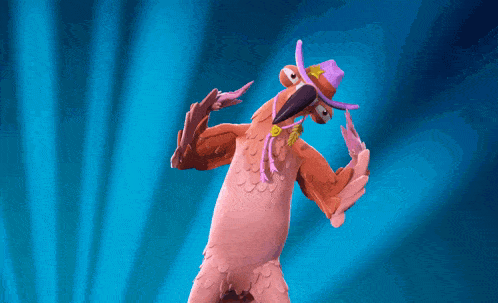 a cartoon bird wearing a pink hat and a necklace
