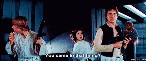 a group of people are standing in a dark room and one of them is holding a gun and says " you came in that thing "