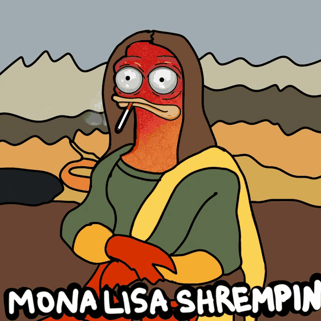 a cartoon of mona lisa smoking a cigarette with the words mona lisa shrempin below her