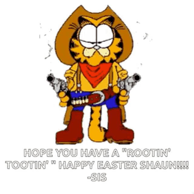 garfield the cat is dressed as a cowboy and holding two guns .