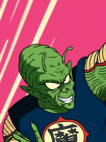 a cartoon drawing of a green monster with a chinese symbol on his shirt