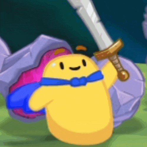 a yellow cartoon character is holding a sword in his right hand .