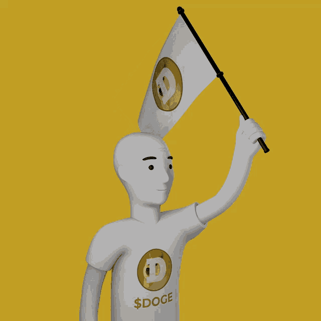 a man wearing a doge shirt holds a flag