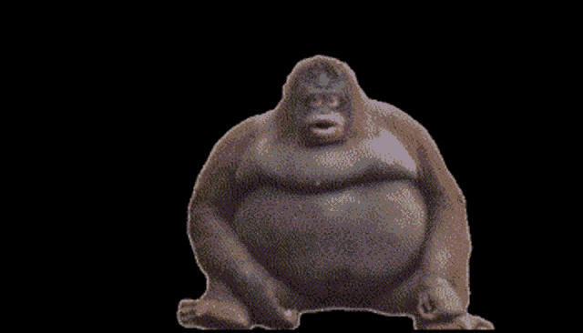 a monkey with a big belly is sitting on a black background with its mouth open .