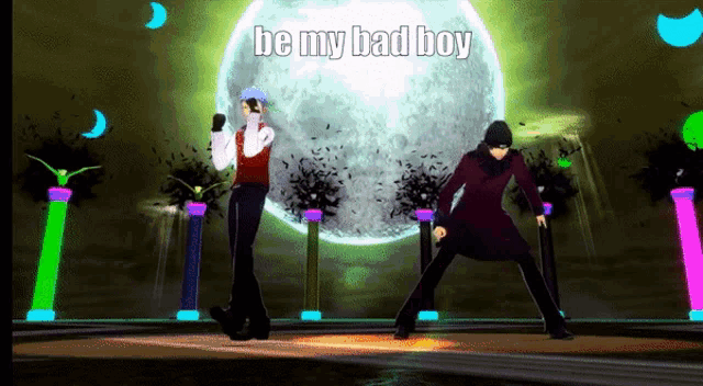 two people dancing in front of a full moon with the words be my bad boy