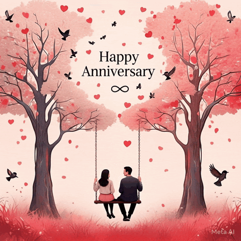a happy anniversary card with a man and woman sitting on swings