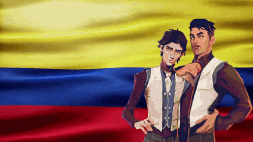 a couple of men standing in front of a colombian flag