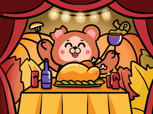 a cartoon bear is sitting at a table with a turkey and wine