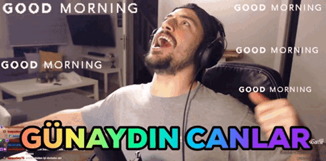 a man wearing headphones is giving a thumbs up with the words good morning in the background