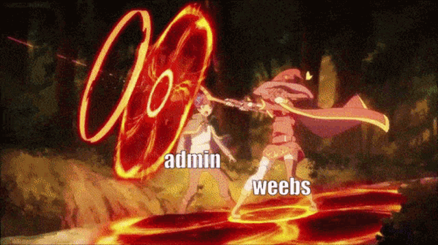 two anime characters are fighting with the words admin and weebs visible