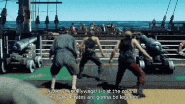 a video game scene with the words avast ye scallywags hoist the colors and the goro pirates are gonna be legends