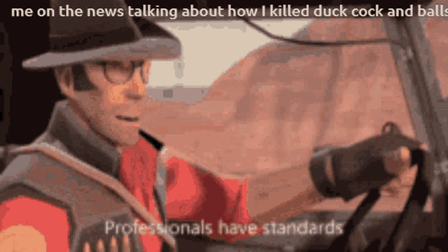 a cartoon of a man talking about how he killed duck and balls
