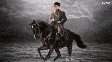 a man riding a horse with a luma logo in the corner