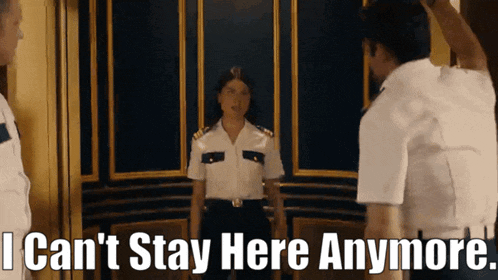 a woman in a military uniform is standing next to a man who says " i can t stay here anymore "