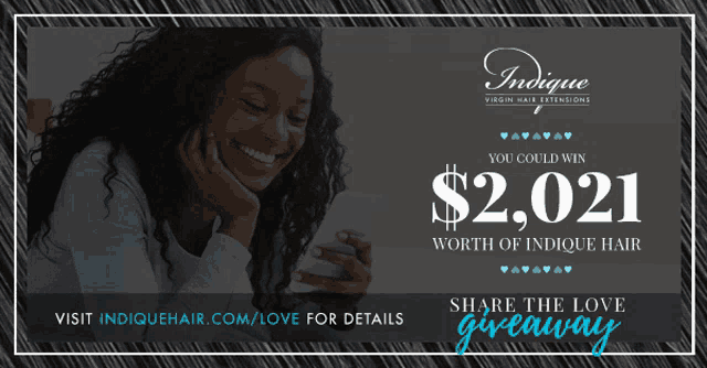 an advertisement for indique virgin hair extensions with a woman holding a cup of coffee