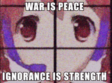 a picture of a girl with the words " war is peace ignorance is strength " on it