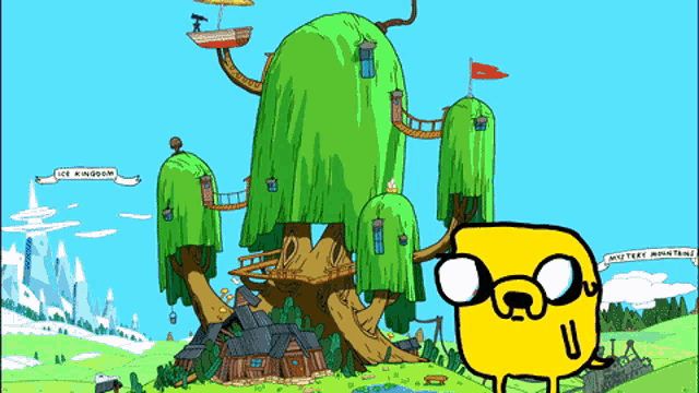 a cartoon scene with ice kingdom and mystery mountain written on banners