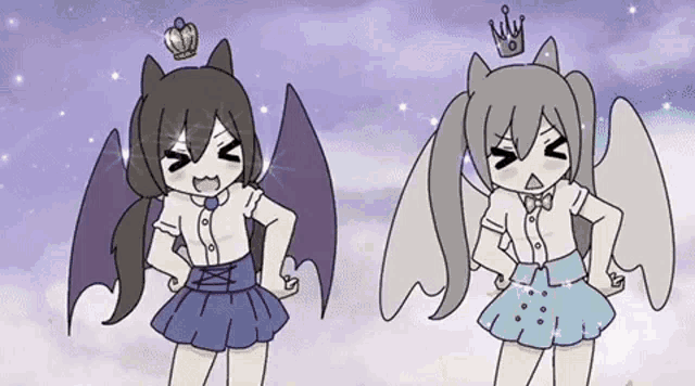 a cartoon of two girls with wings and a crown on their heads standing next to each other .