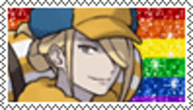 a close up of a person wearing a baseball cap and a rainbow flag .
