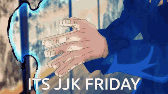 a cartoon drawing of a person 's hand with the words it 's jjk friday