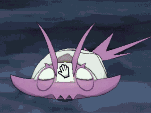 a pink and white cartoon character with a hand on its head