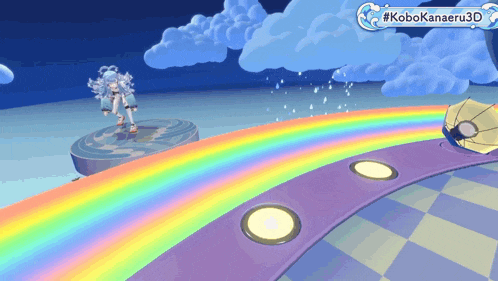 a cartoon character is standing on a rainbow in a video game
