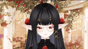 a girl with long black hair and red eyes is wearing glasses and red roses in her hair