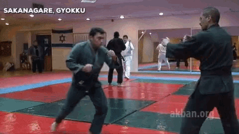 two men are fighting in a gym with sakanagare gyökku in the corner