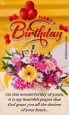 a birthday card with a bouquet of flowers and balloons