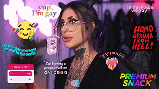 a woman wearing horns and glasses holds a carton of gay juice in her hand