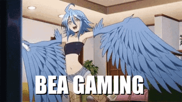 a cartoon of a girl with blue wings and the words bea gaming below her