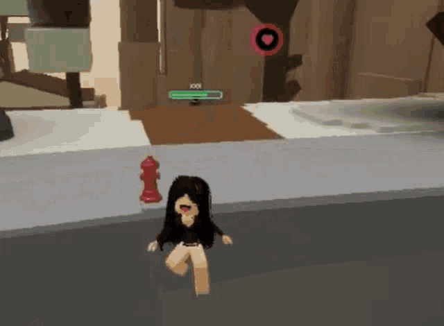 a girl is running down a street in a video game next to a red fire hydrant .