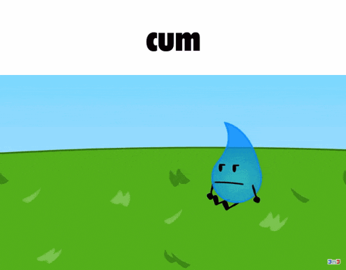 a cartoon character is sitting in the grass and the word cum is above it