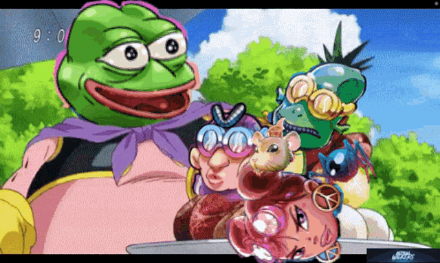 a cartoon of a frog with a purple scarf around his neck holding a knife