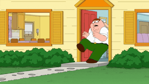 peter griffin from family guy is jumping out of a house