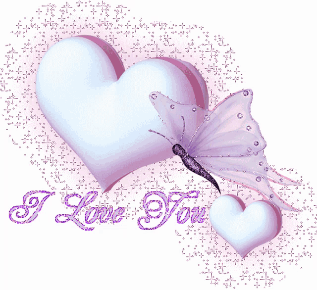 a butterfly and two hearts with the words " i love you " on the bottom