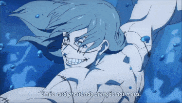 a cartoon character is swimming in the water with the words " e não esta prestando atenção nos meus " below him