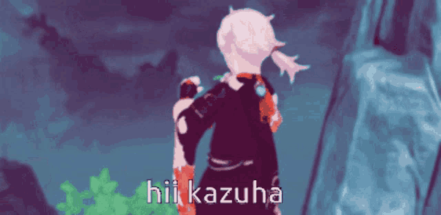 a pixel art of a person with the name hii kazuha on the bottom