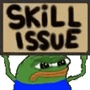 a cartoon frog is holding a sign that says skill issue .