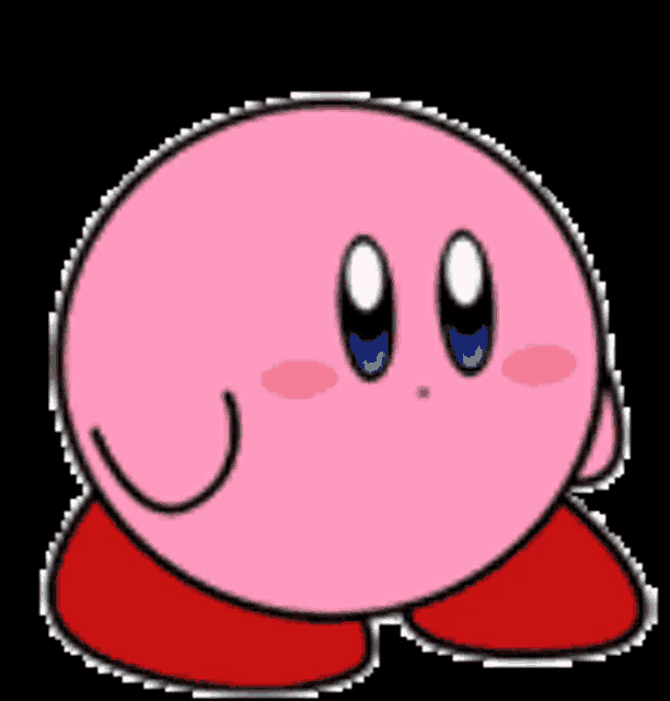 a pink cartoon character with blue eyes is smiling