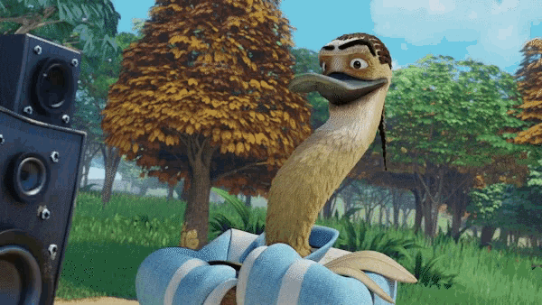 a cartoon duck is standing in a field near a speaker