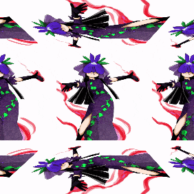 a seamless pattern of a girl with purple hair and green leaves in a purple dress