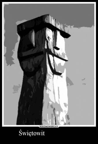 a black and white drawing of a wooden post with the word świętowit on the bottom