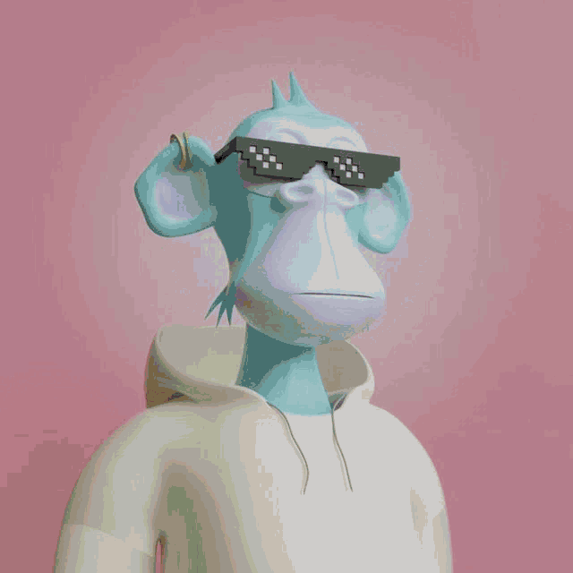 a cartoon monkey wearing a hoodie and sunglasses on a pink background